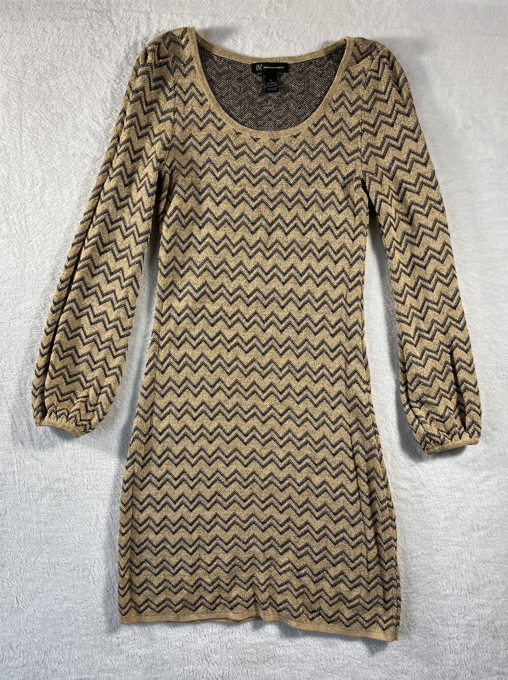 INC Dress Women’s Large Long Sleeve Scoop Neck Sweater Chevron Gold Metallic
